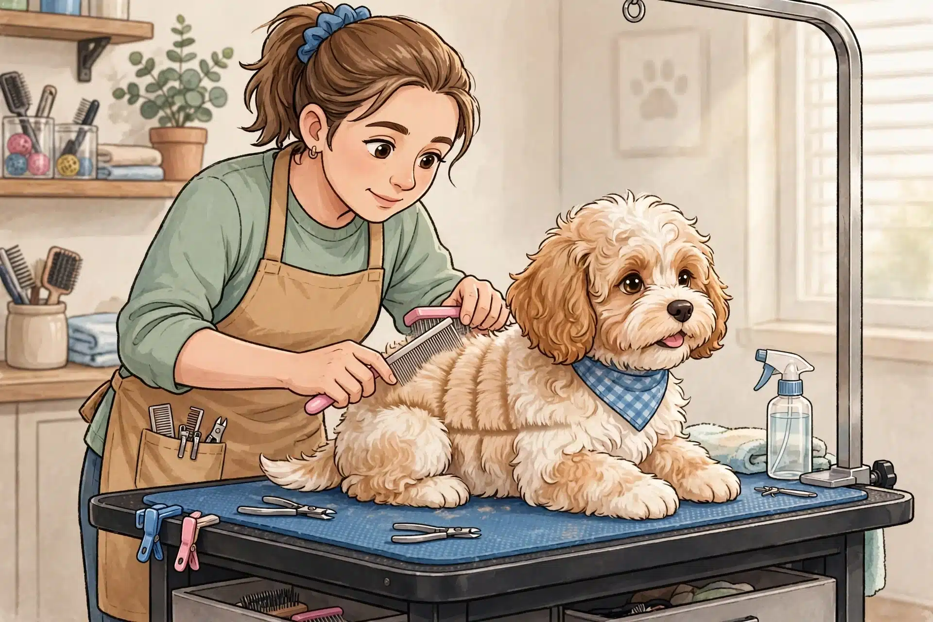 Family member line brushing a Havapoo puppy