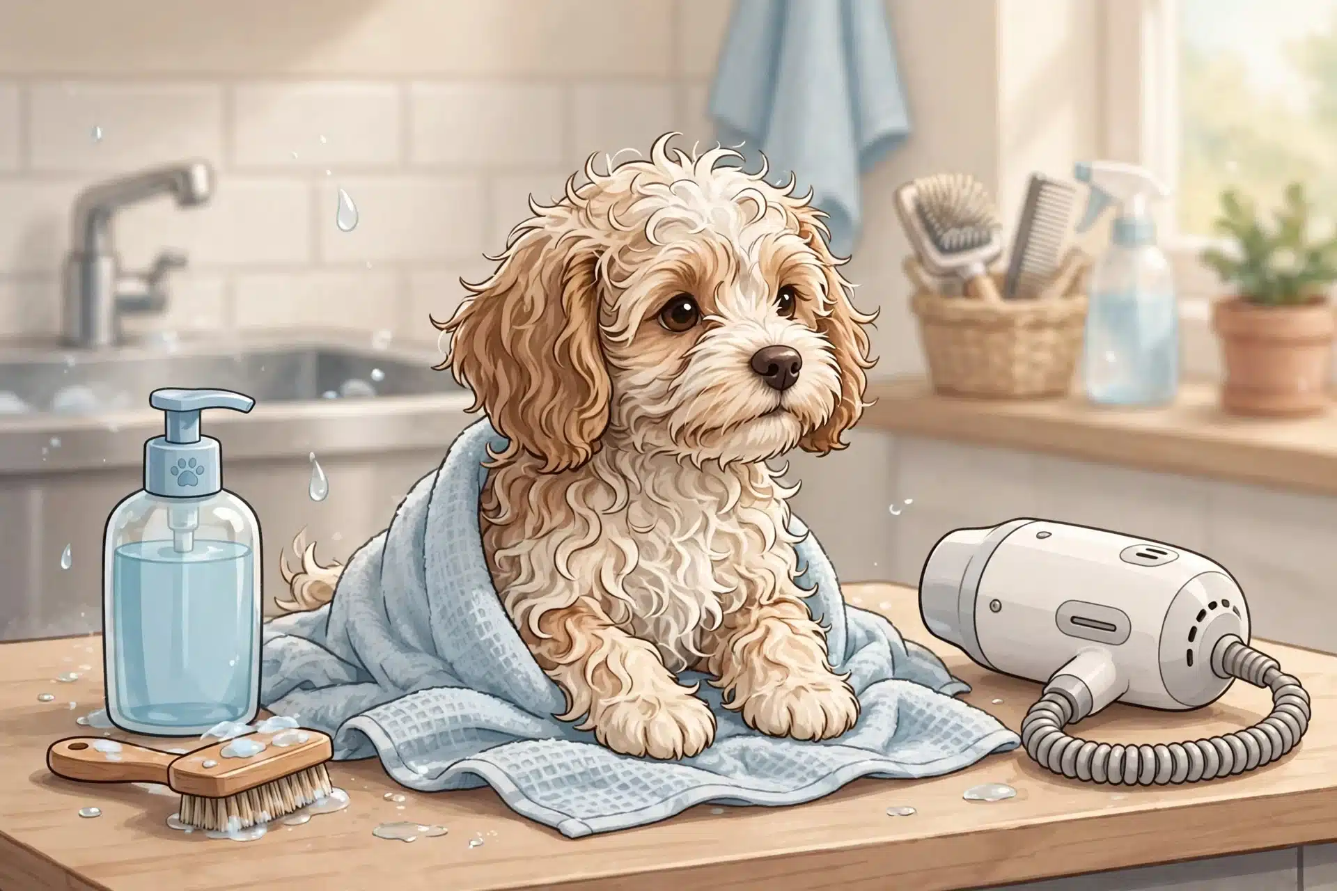 Havapoo puppy towel-dried beside shampoo and dryer