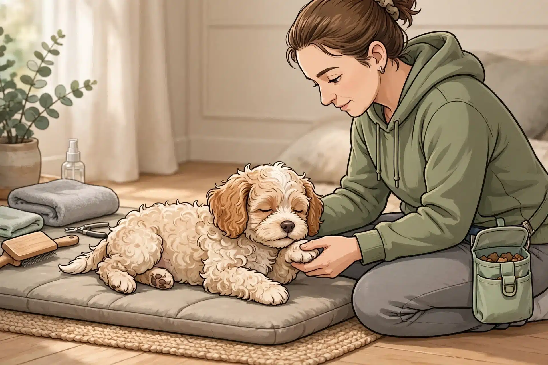Gentle paw handling with a treat pouch nearby