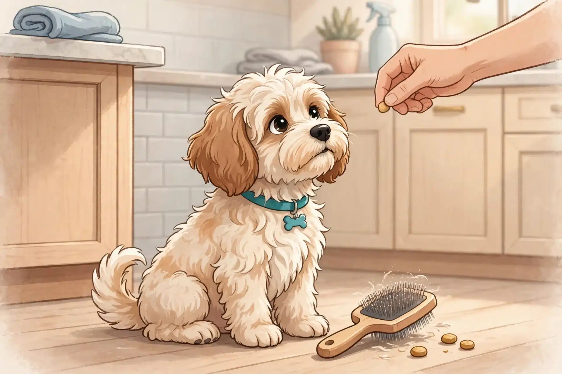 Havapoo puppy sits for treat beside slicker brush