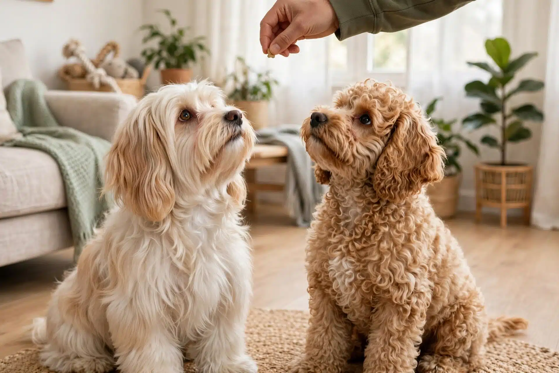 Trainer cues Havanese and Havapoo puppies with a treat