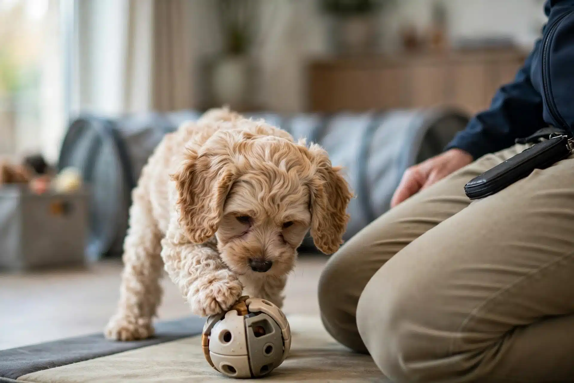 Havapoo puppy solving a puzzle toy