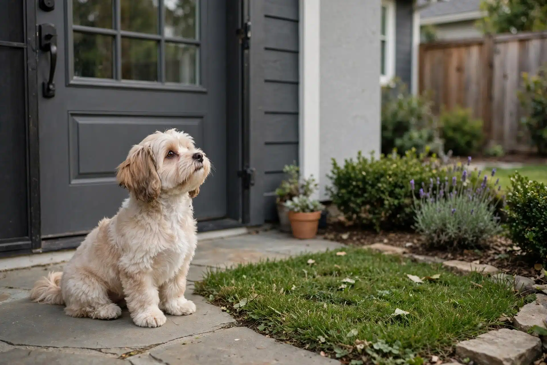 Havanese puppy waits by back door beside grass