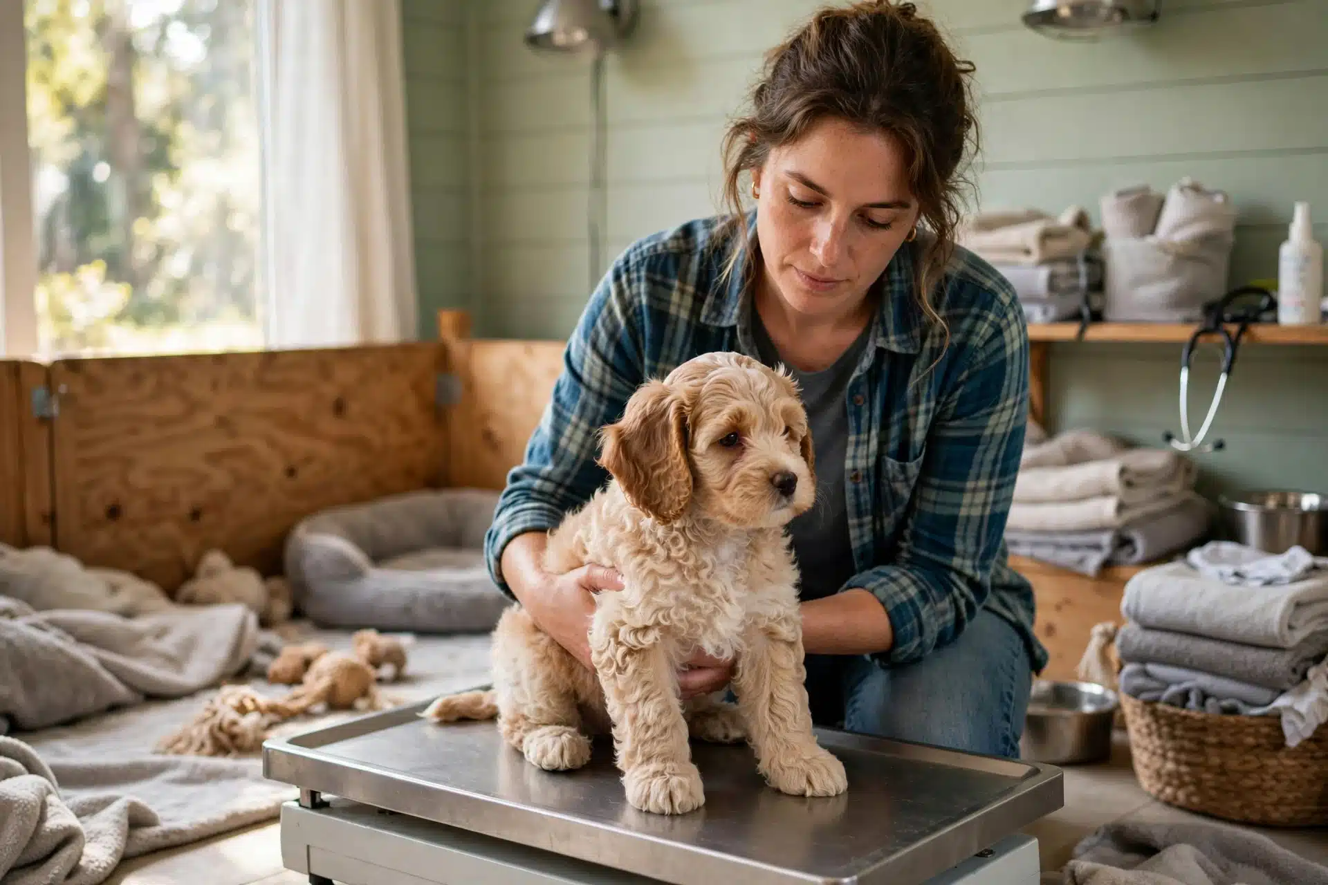 Breeder holds Havapoo puppy on scale in nursery