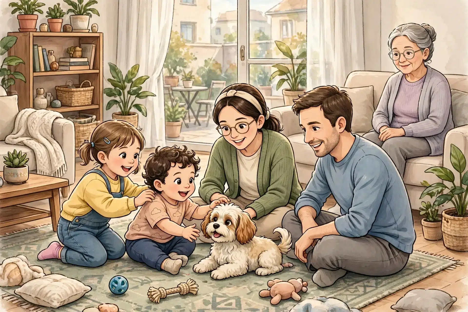 Children and family play with a Cavapoo puppy