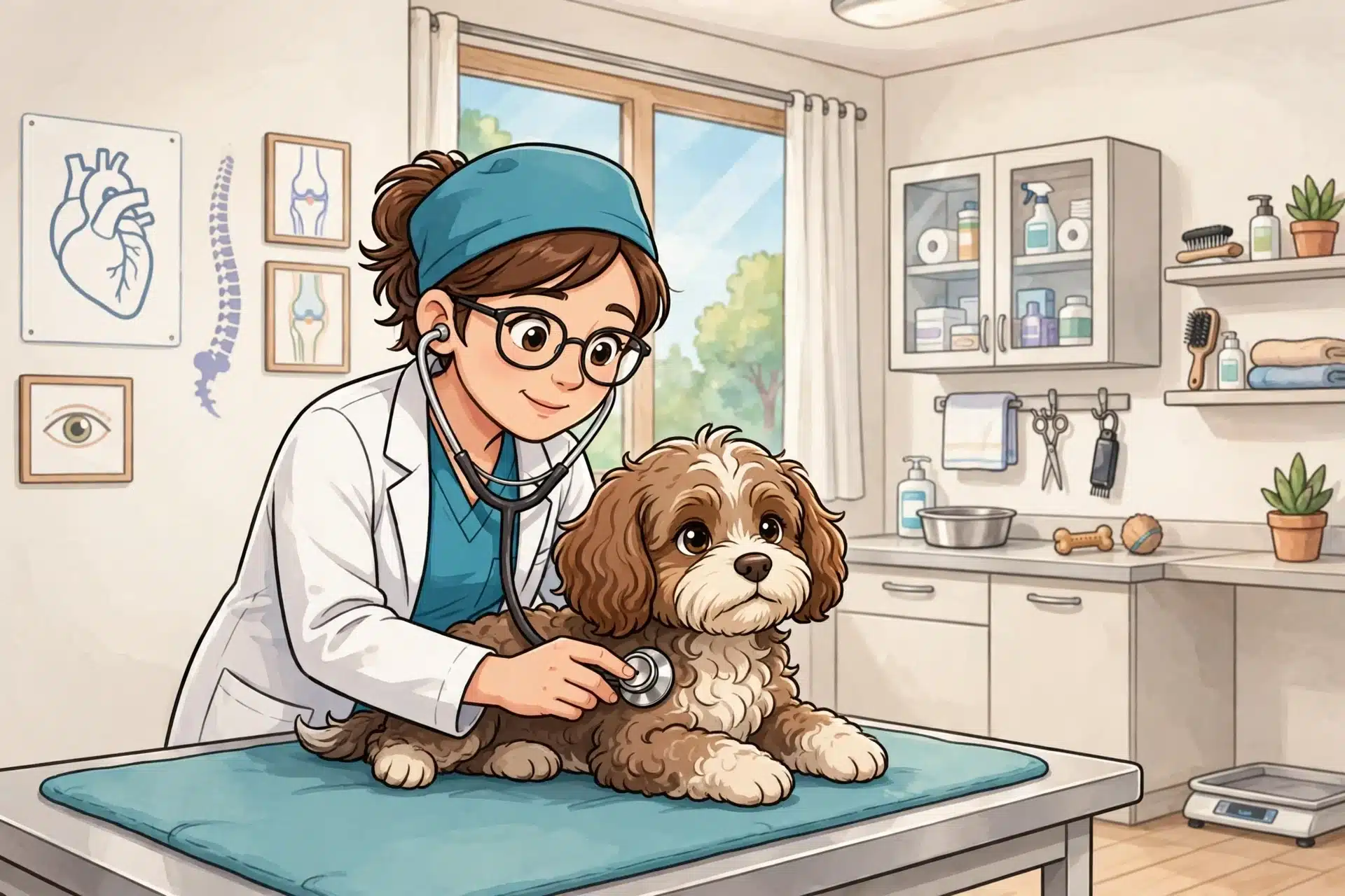 Veterinarian checks a Cavapoo puppy’s heartbeat