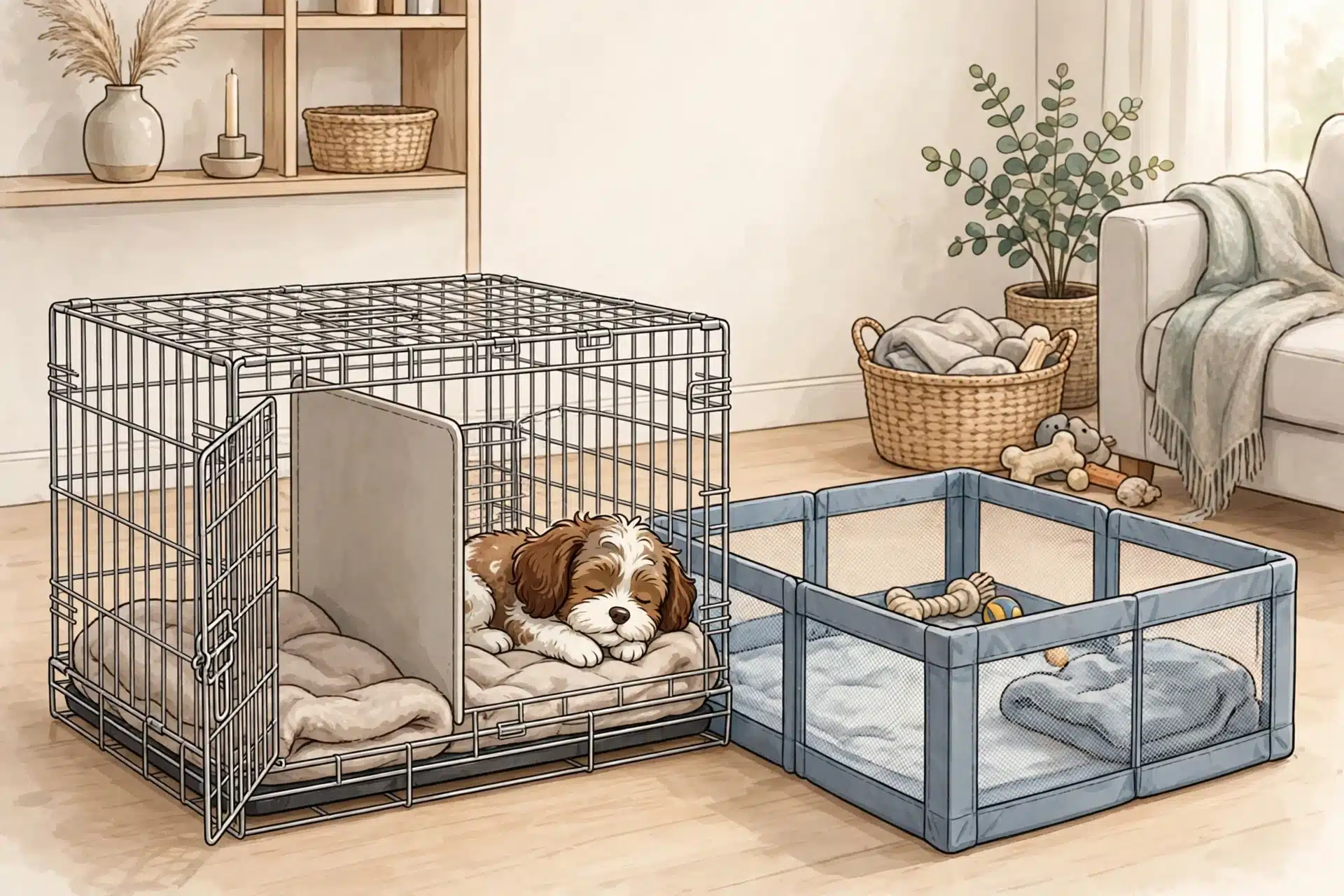 Cavapoo puppy resting in crate by playpen