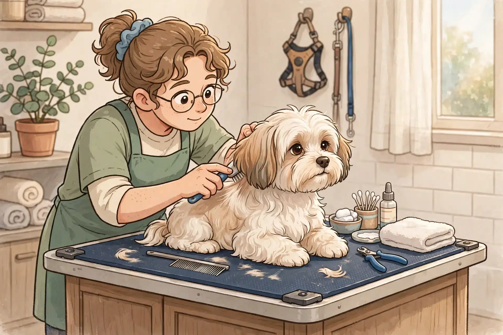 Groomer brushing a silky-coated Havanese puppy