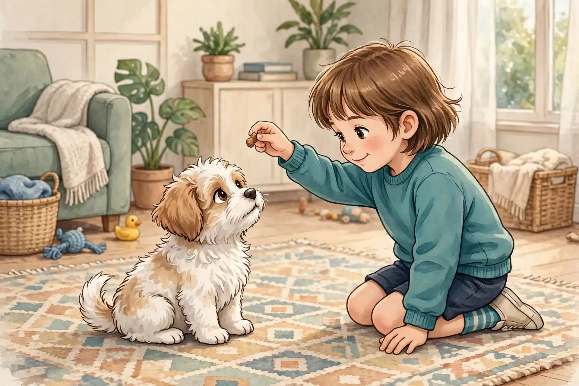 Child rewards sitting puppy with a treat