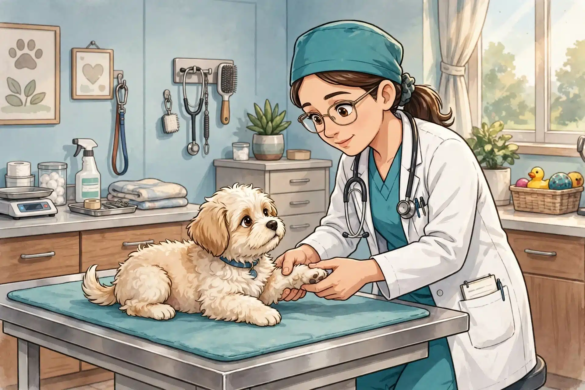 Veterinarian gently checks a fluffy puppy’s knees