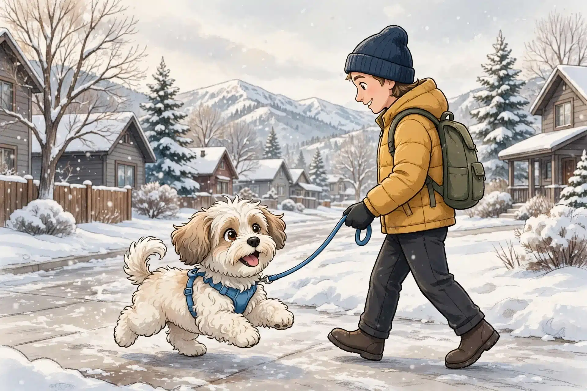 Havanese puppy trots on snowy Utah sidewalk