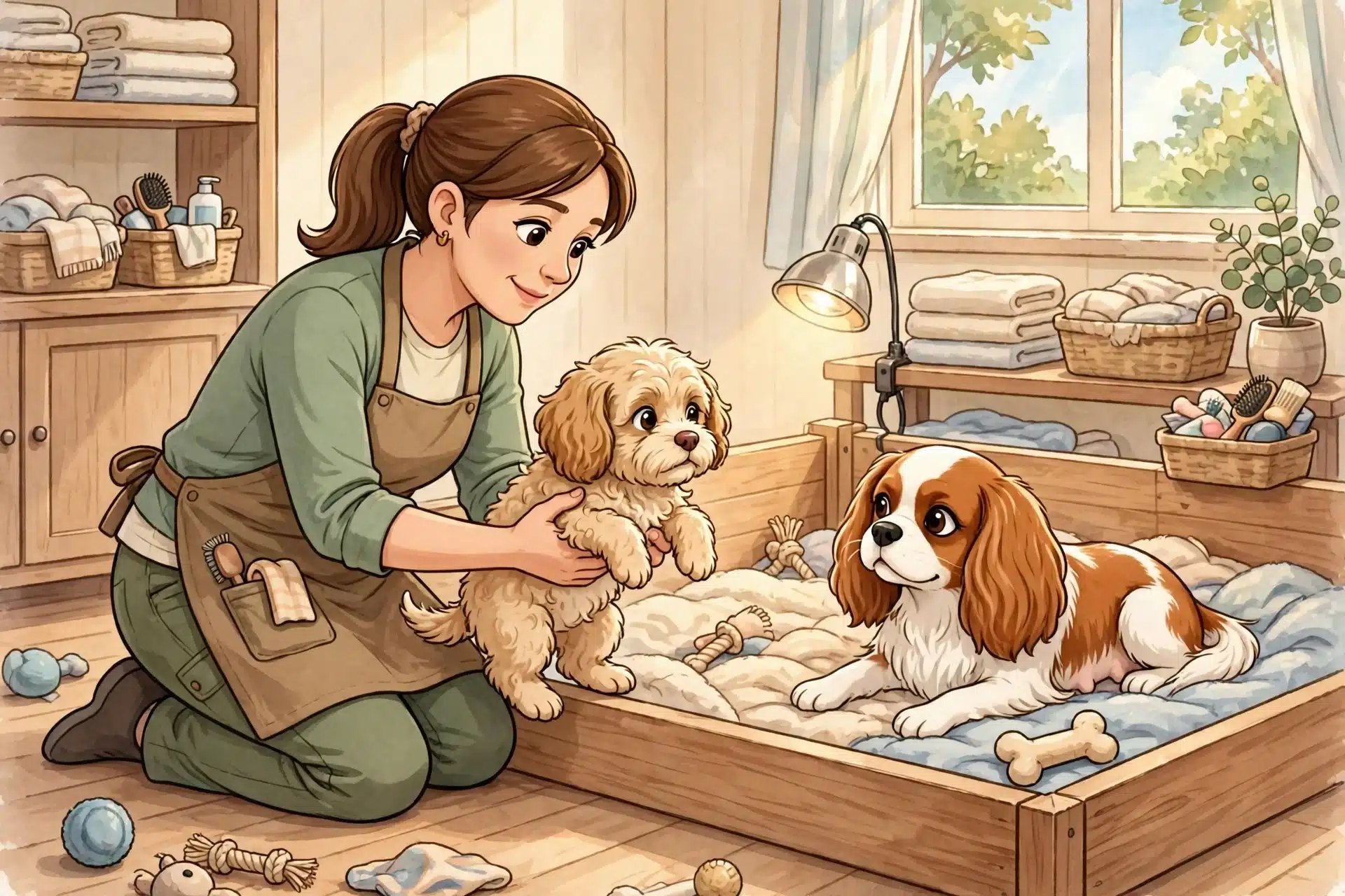 Breeder Tends Wobbly Puppy Near Watching Dam