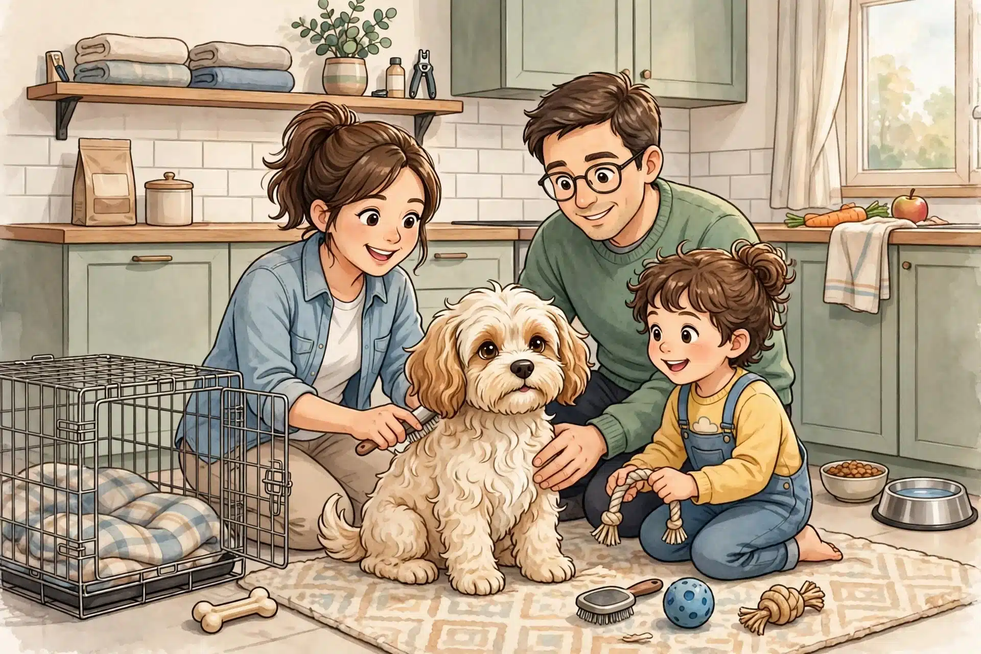 Family brushes a Cavapoo puppy in the kitchen