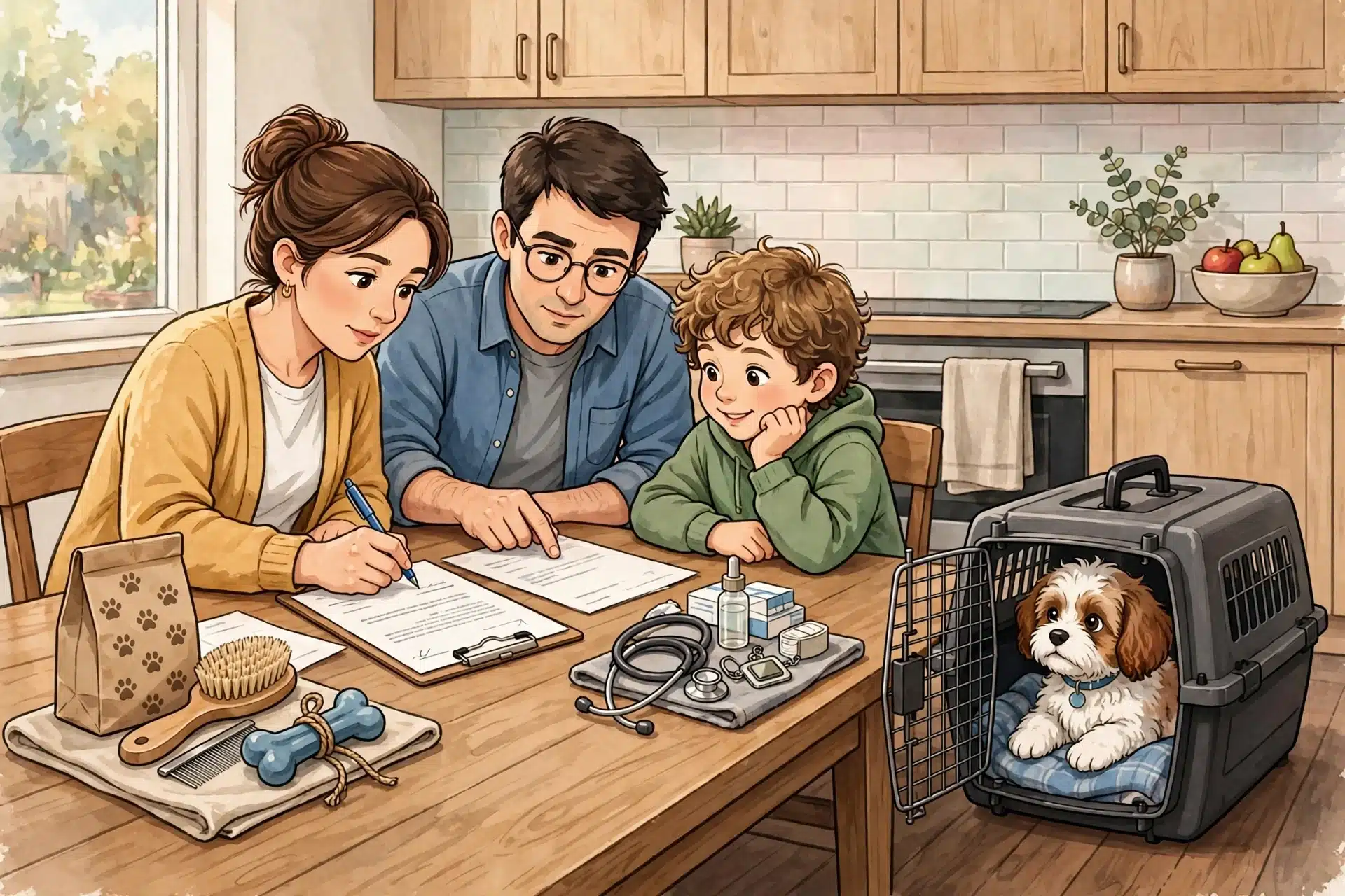 Family signs puppy contract beside waiting Cavapoo