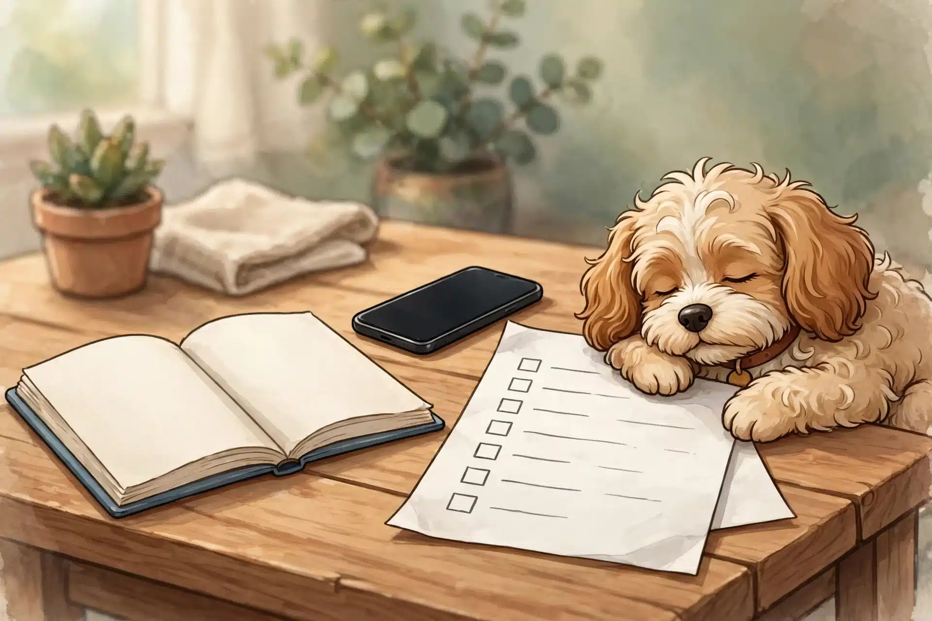 Notebook, phone, and Cavapoo puppy share a table