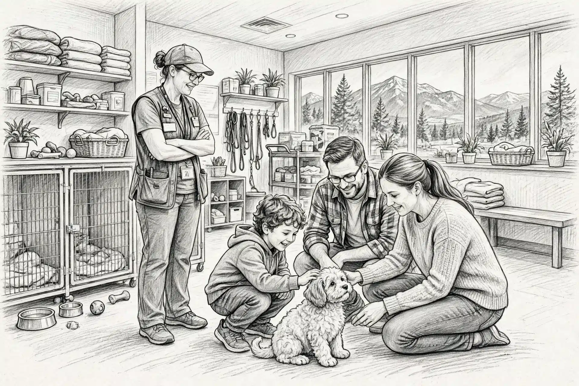 Family meets fluffy puppy with shelter worker