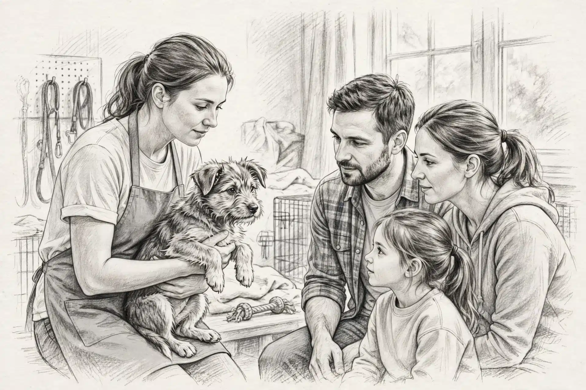 Volunteer introduces scruffy shelter puppy to family
