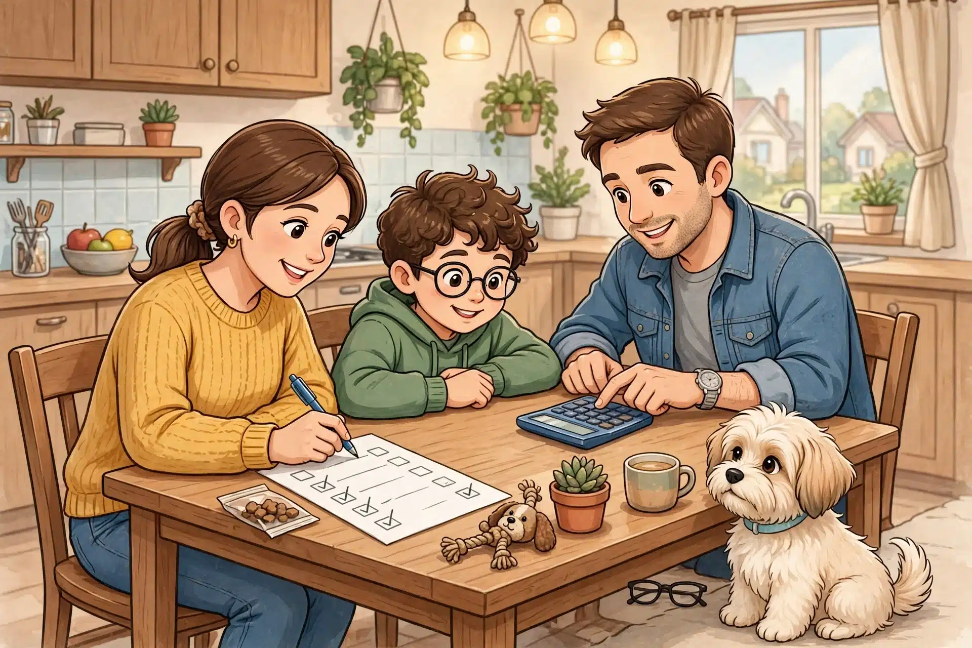 Family marks puppy budget checklist at kitchen table