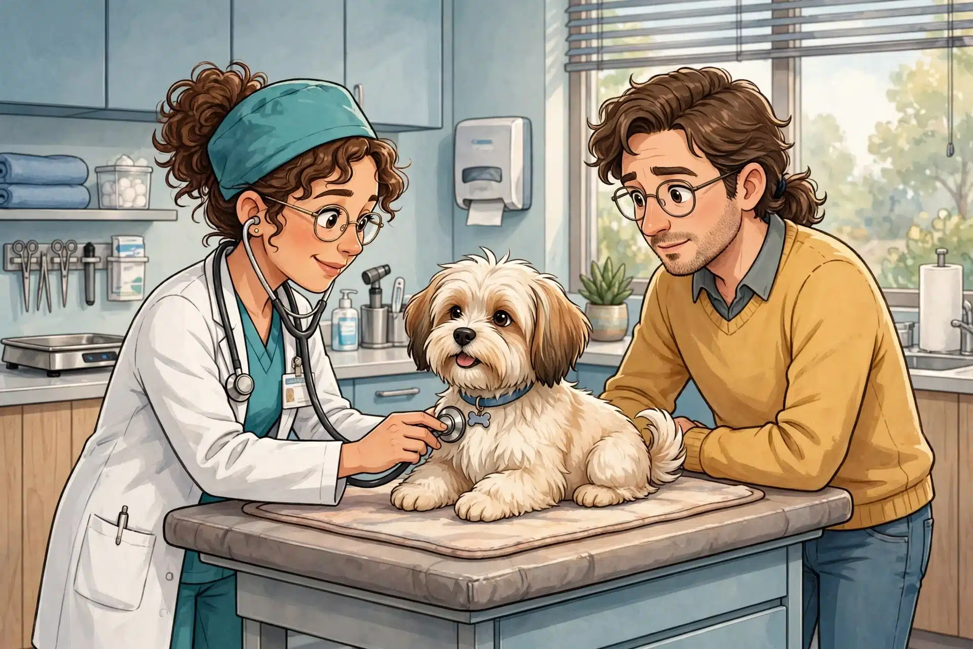 Veterinarian examining a Havanese puppy