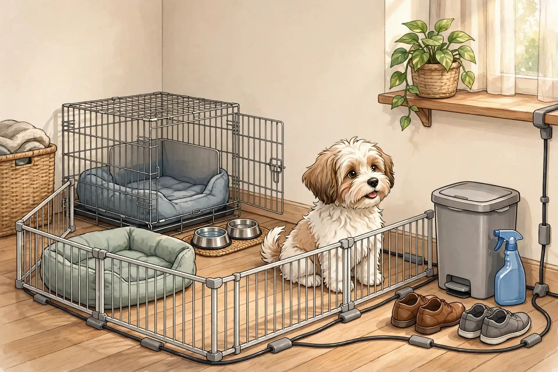 Crate, exercise pen, and puppy bowls