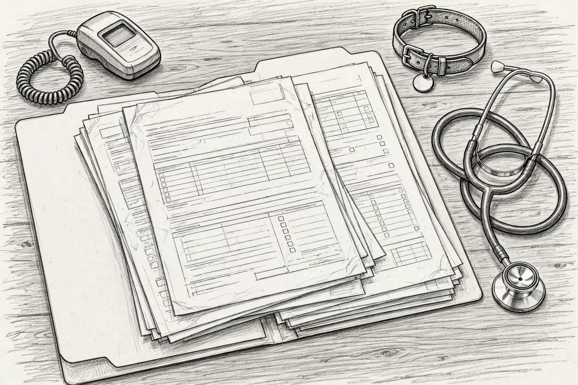 Veterinary records and stethoscope on a counter