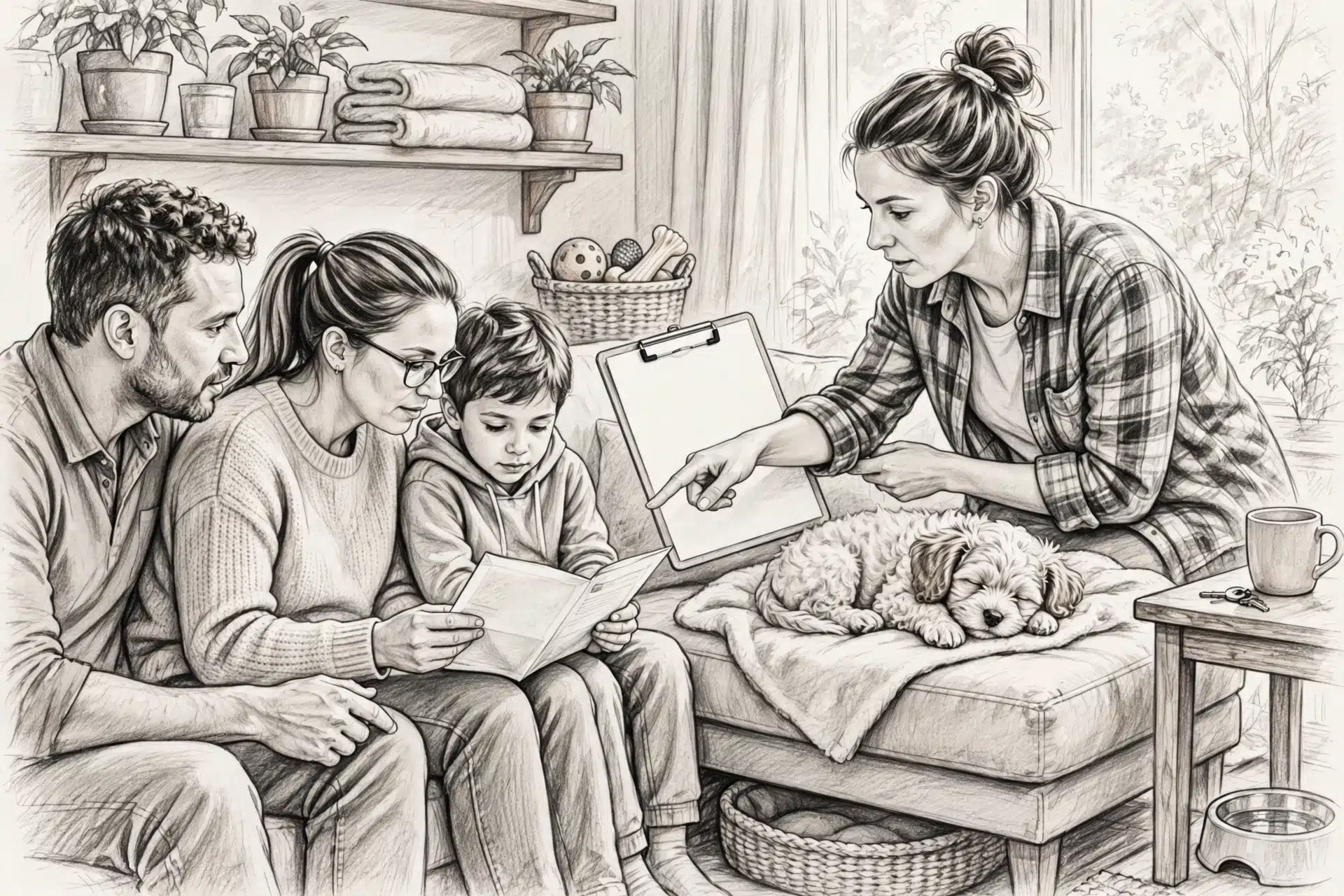 Family reviews puppy records with breeder on couch