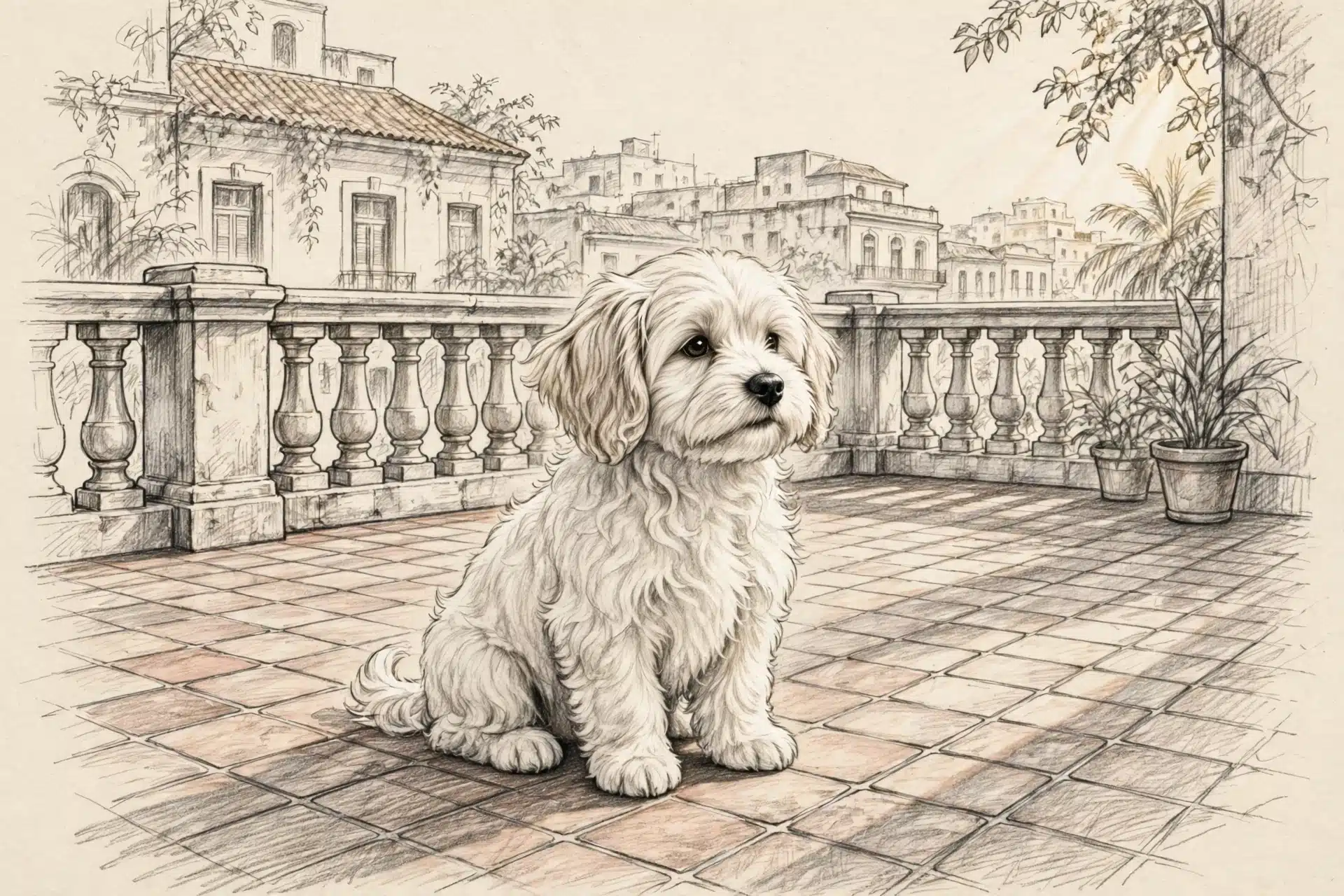 Cream Havanese puppy sitting on sunlit tiled terrace