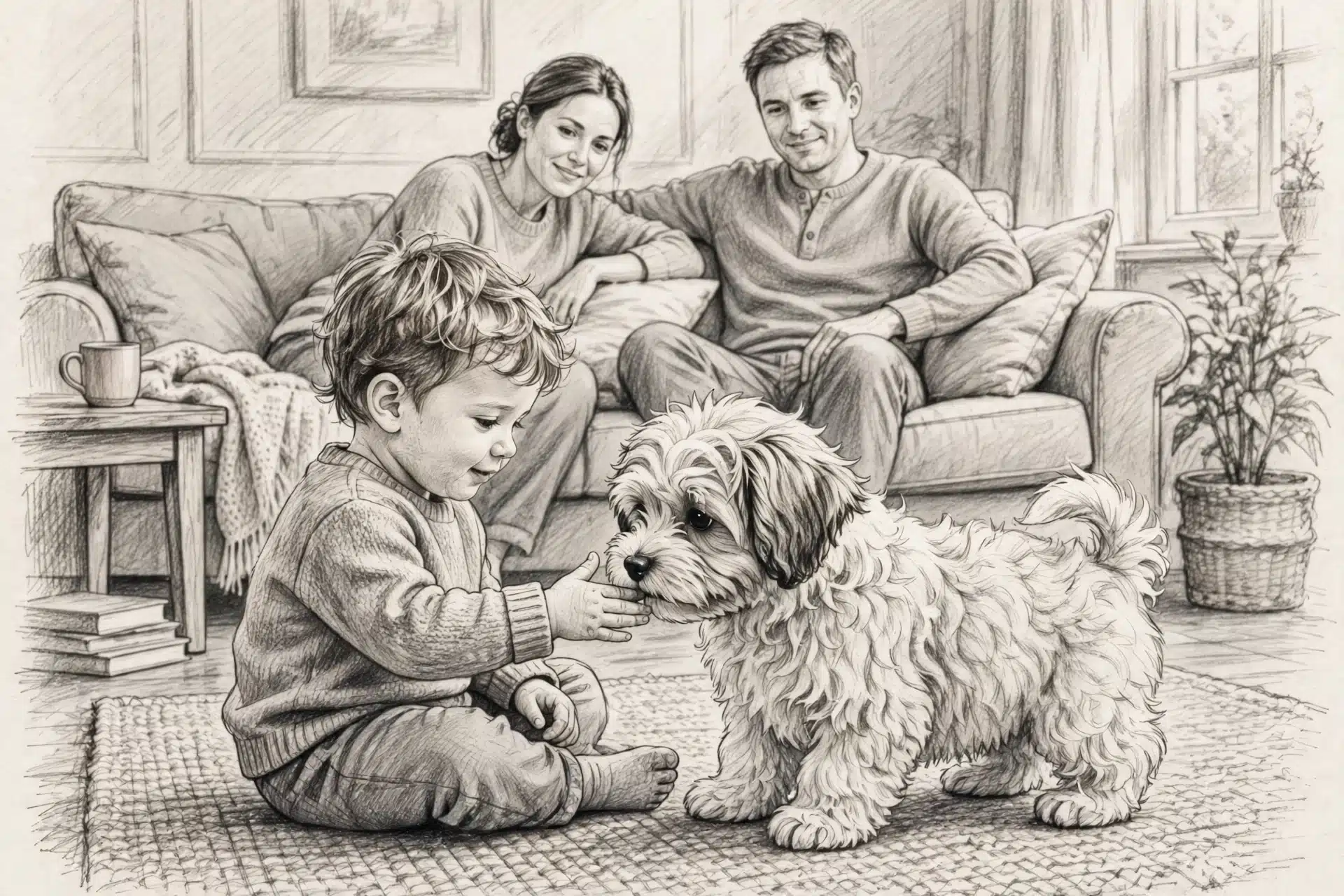 Havanese puppy affectionately nudges a toddler’s hand indoors