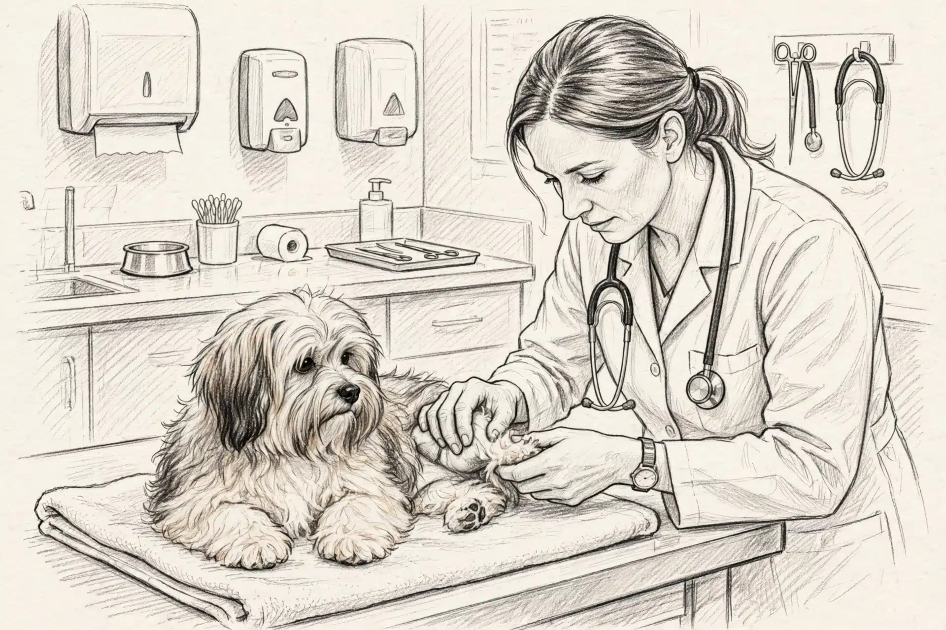 Veterinarian examines a Havanese puppy’s knee