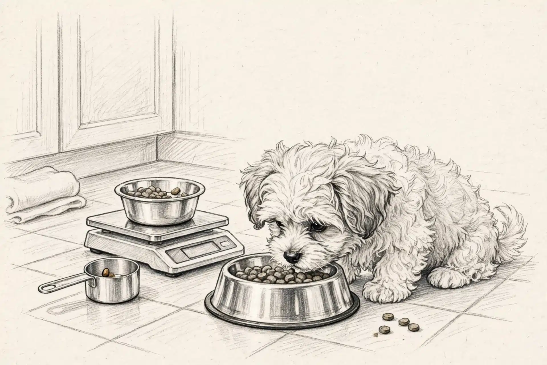 Havanese puppy eating from a stainless steel bowl