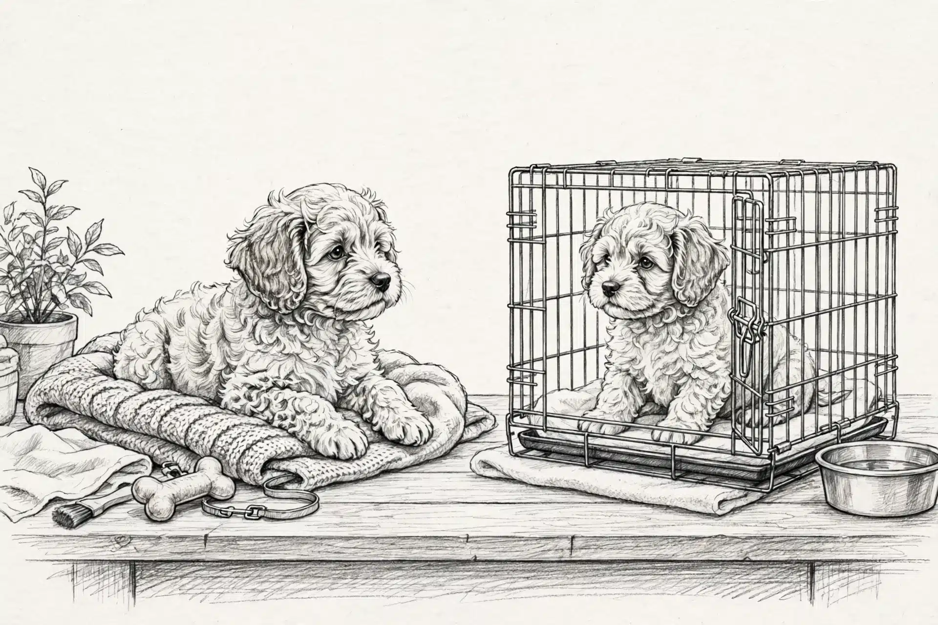 Pencil sketch comparing Cavapoo puppy and kennel listing