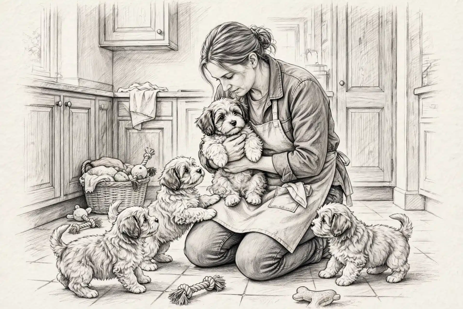 Breeder tending Havanese puppies in a home kitchen