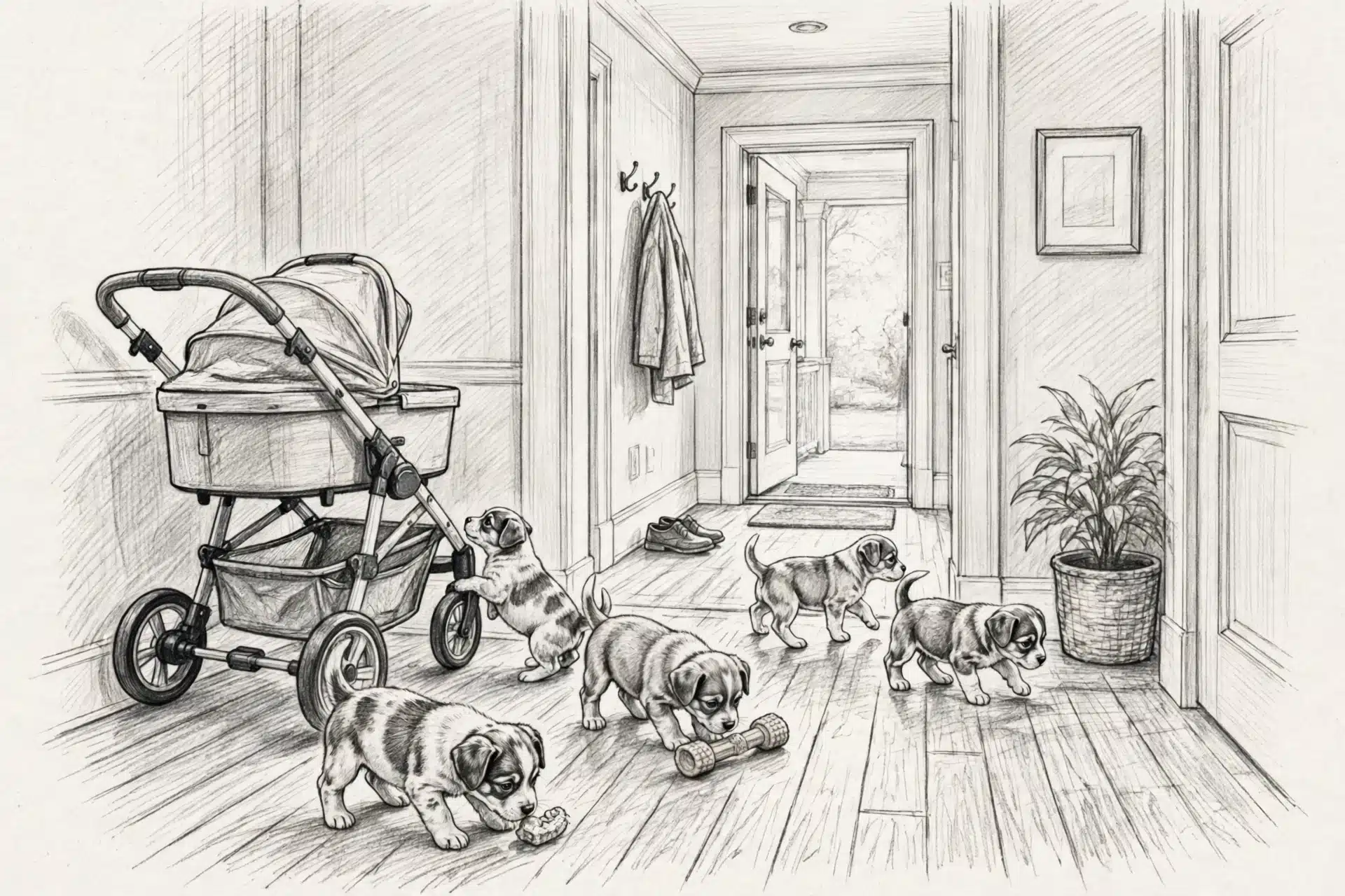Puppies explore a hallway with stroller and doorway