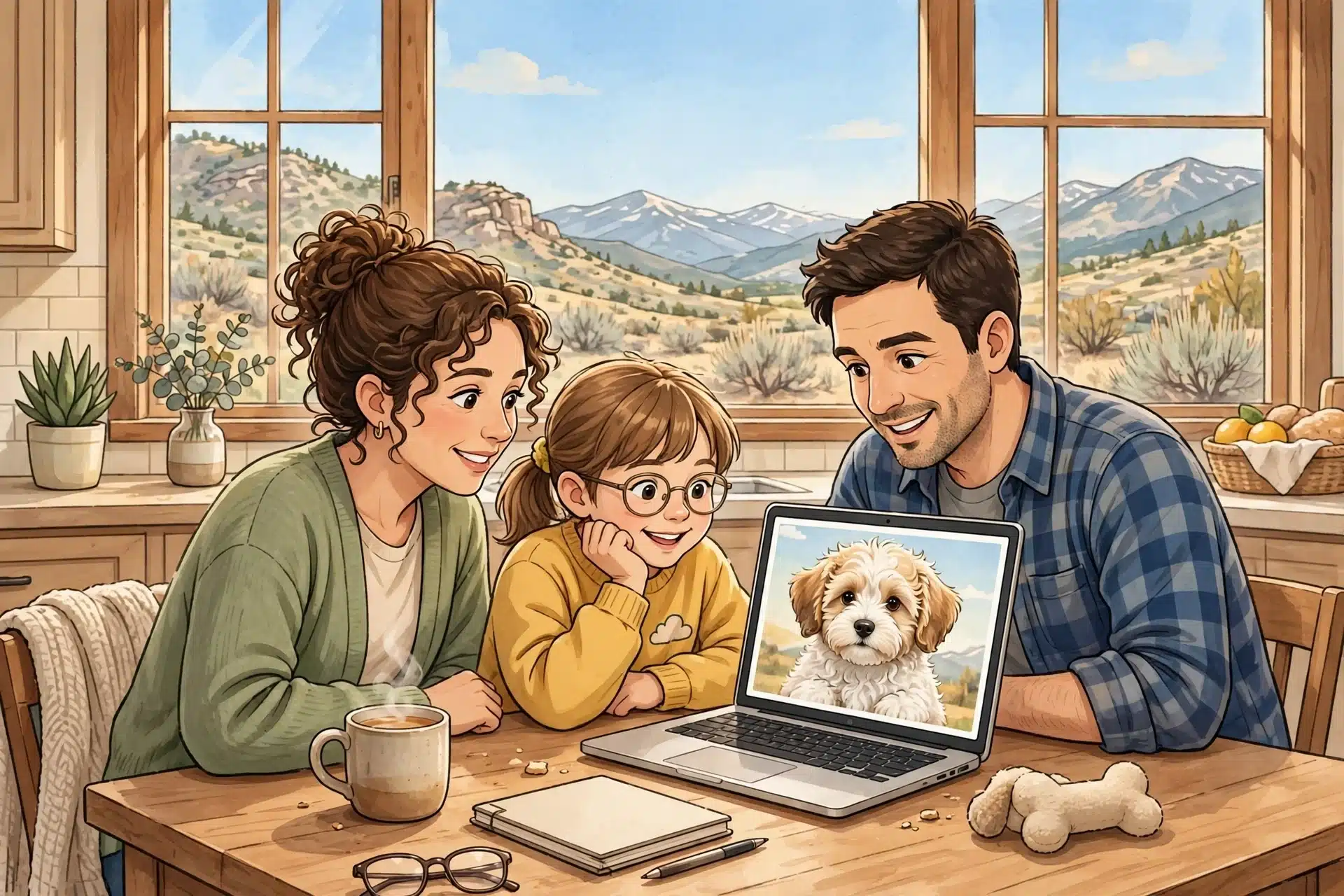 Family browses Havanese puppy listings in Utah kitchen