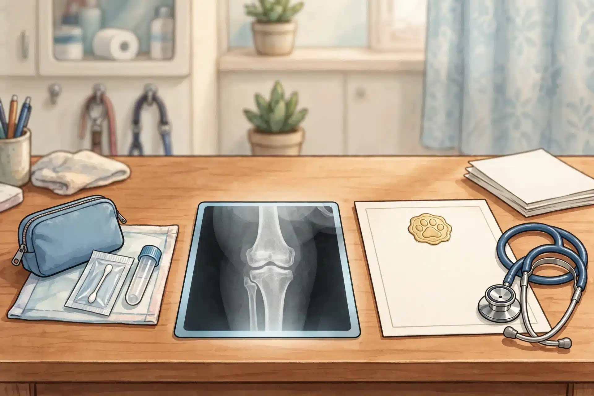 Printed veterinary certificate and radiograph beside stethoscope