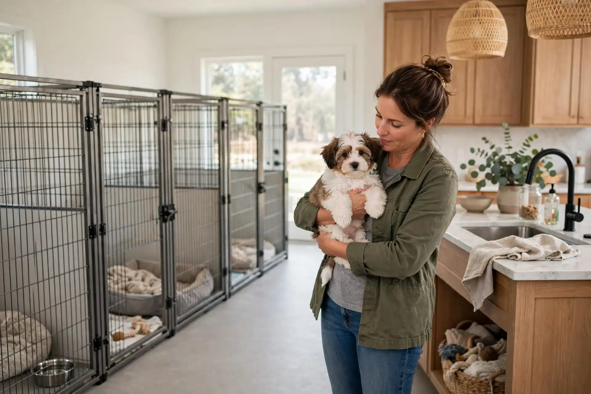 Breeder holding a Havanese puppy by a modern kennel and kitchen