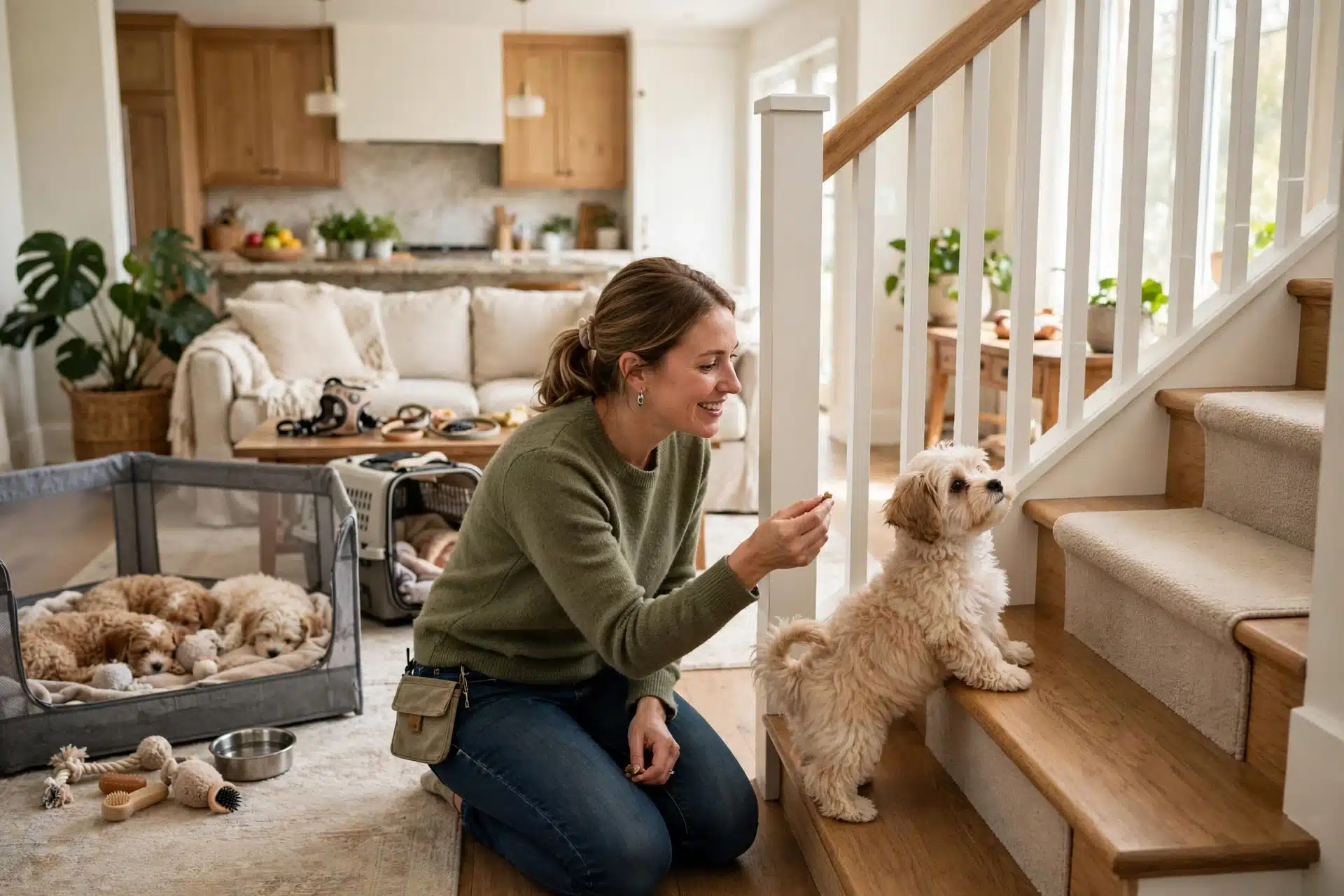 Breeder guides Havanese puppy on living room stairs