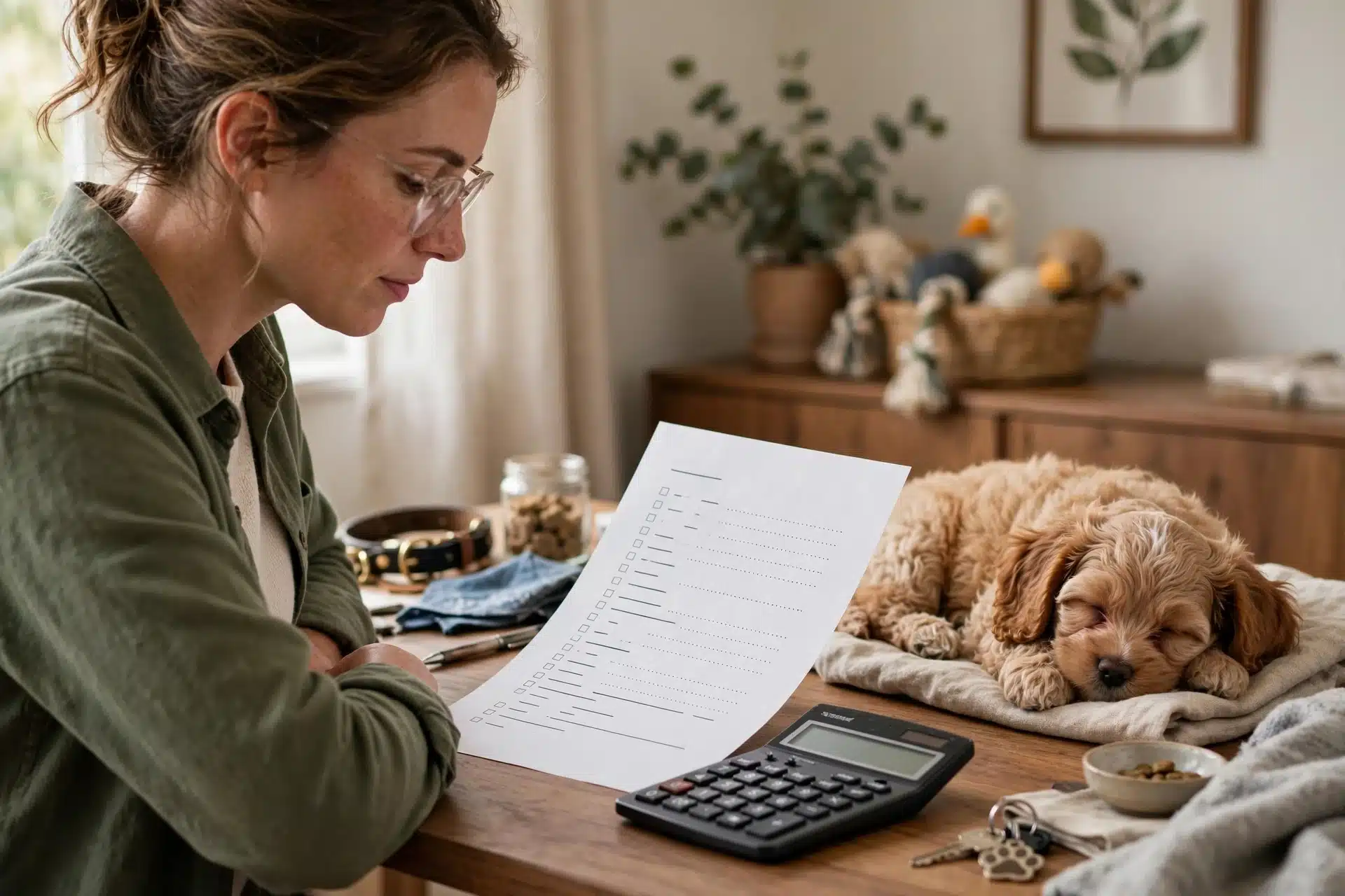 Breeder reviews itemized puppy costs beside a Cavapoo
