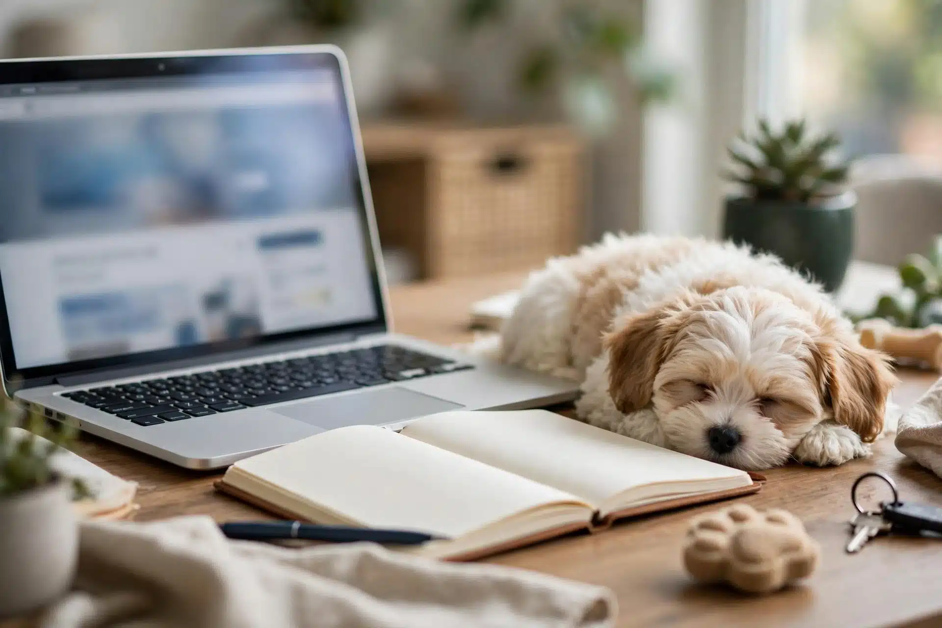 Laptop and Havanese puppy beside licensing records