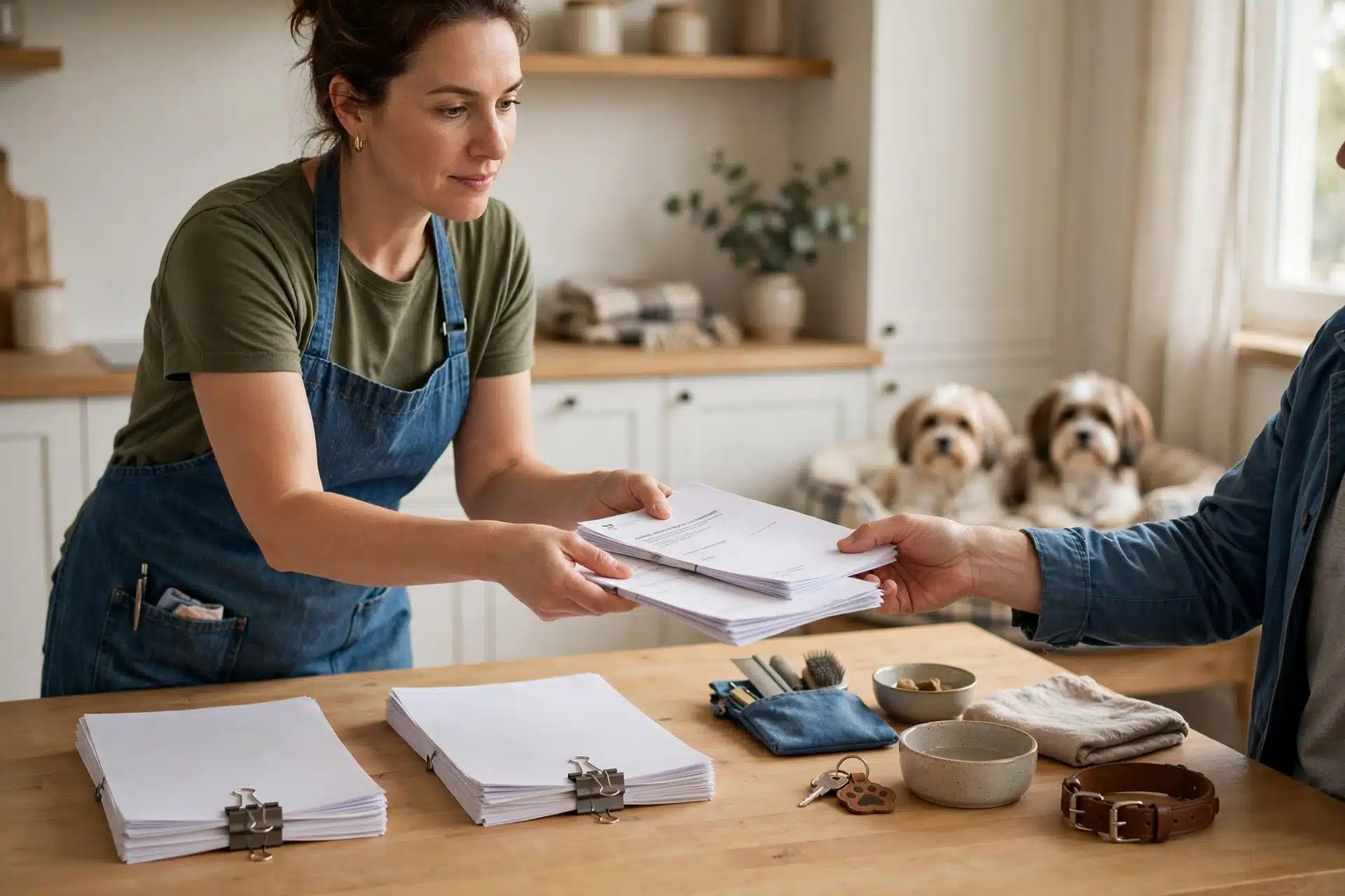 Breeder handing both parents’ health test reports across a kitchen table
