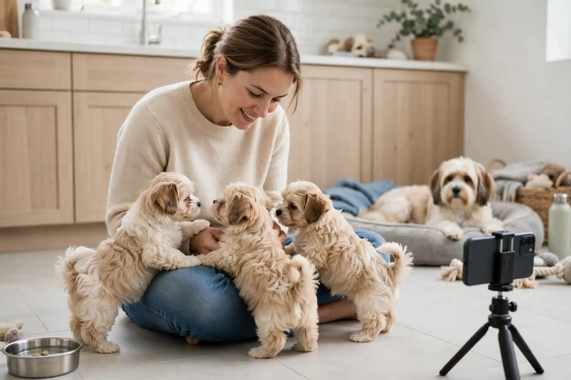 Woman welcomes three Havanese puppies during a home video tour