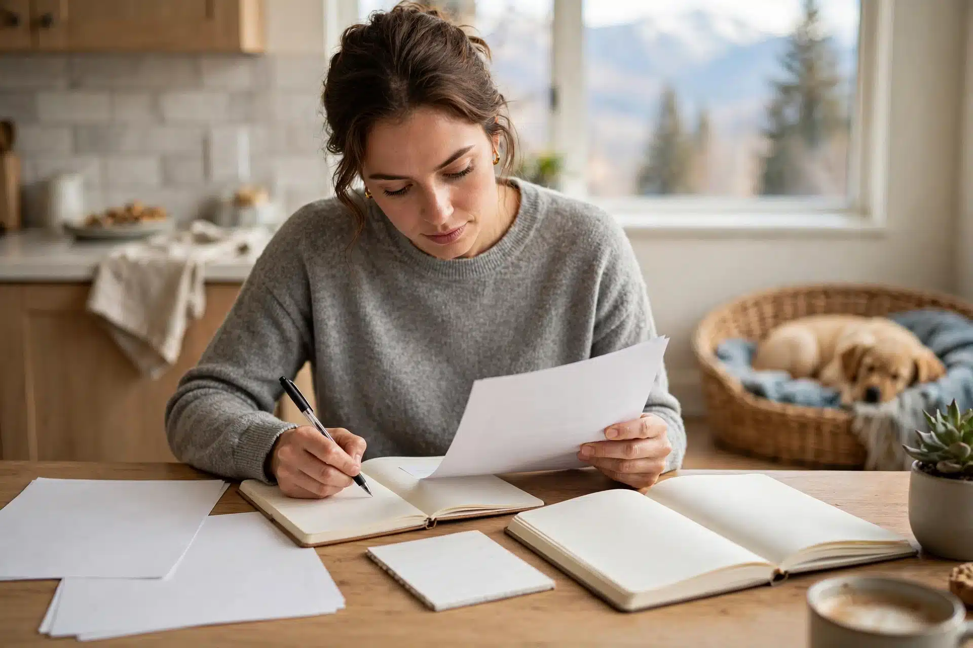 Buyer reviews puppy contract beside checkbook
