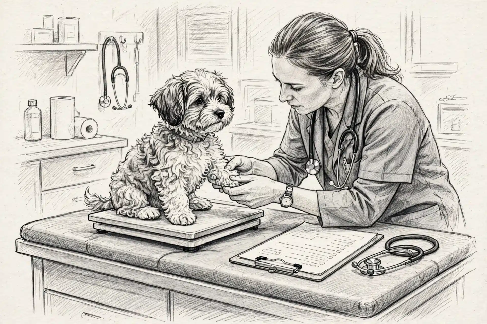 Veterinarian examines Havanese puppy beside veterinary records