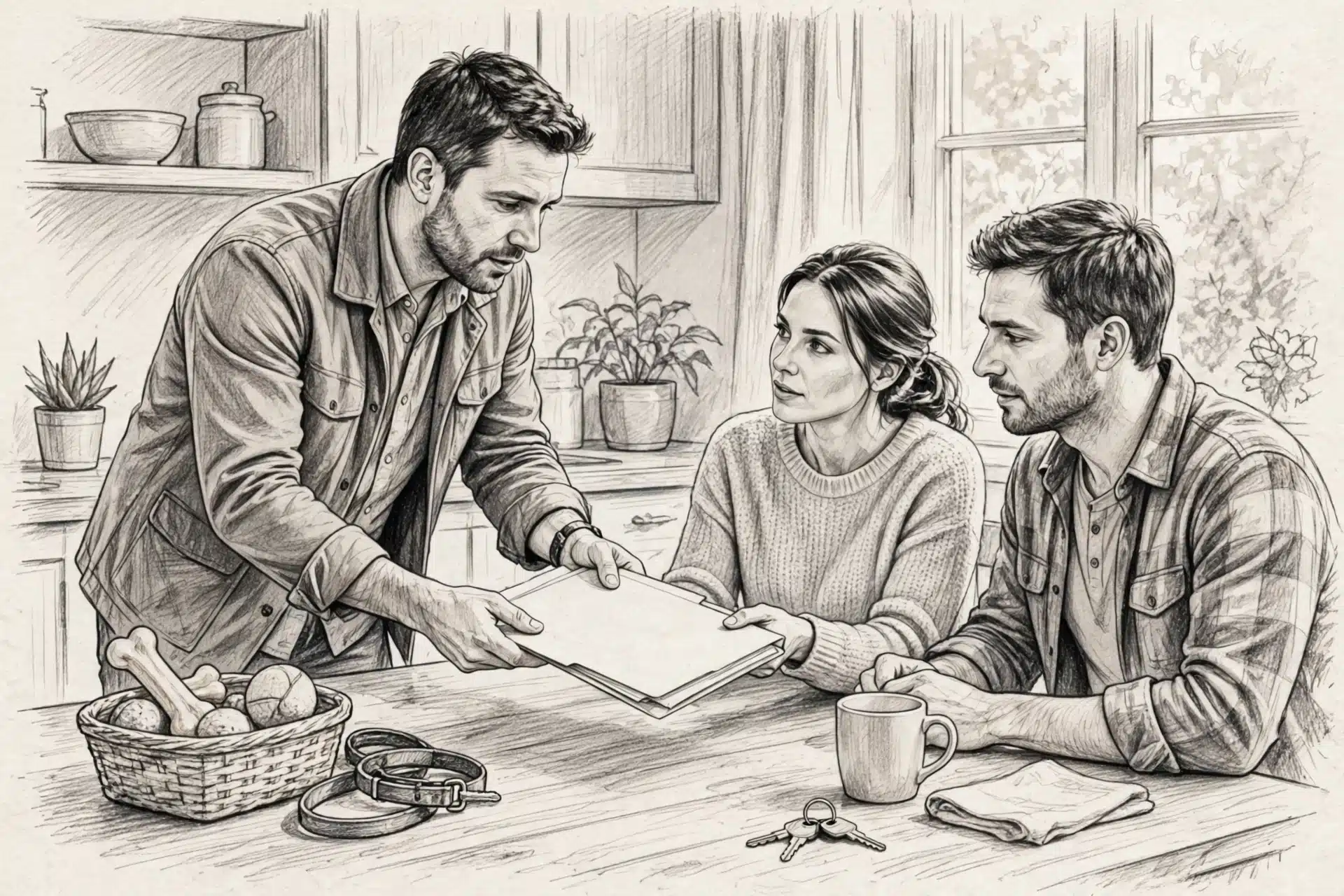 Breeder hands family health records at kitchen table