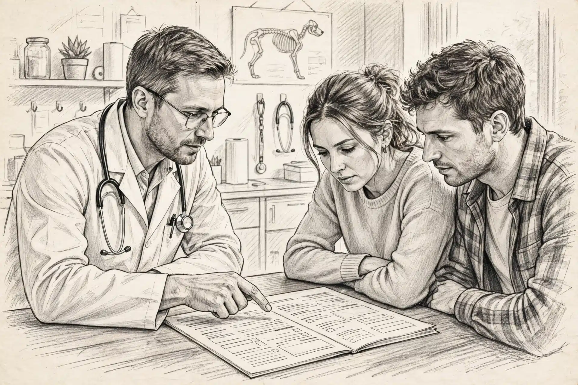 Veterinarian reviews puppy records with prospective owners