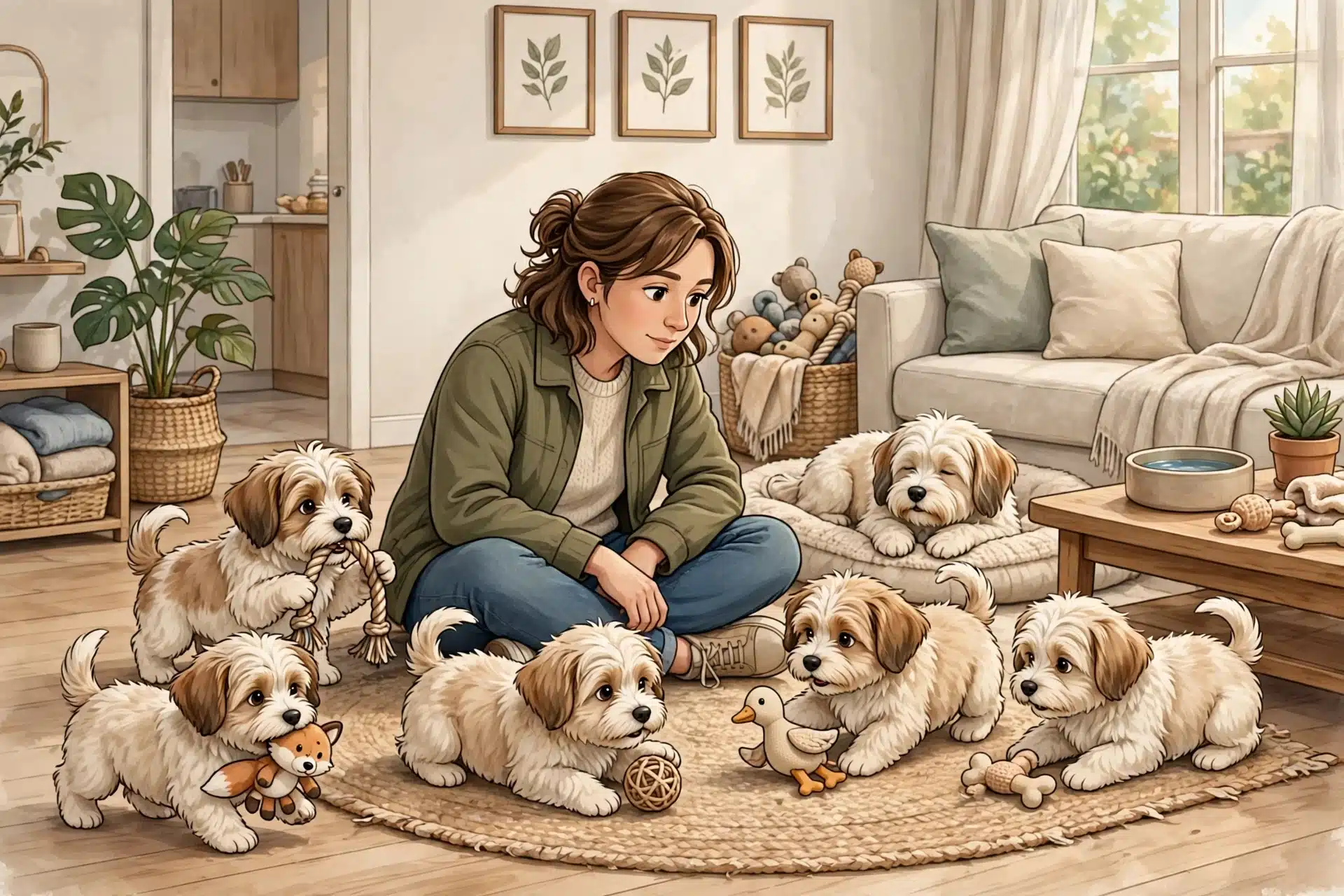 Visitor observes curious Havanese puppies playing indoors