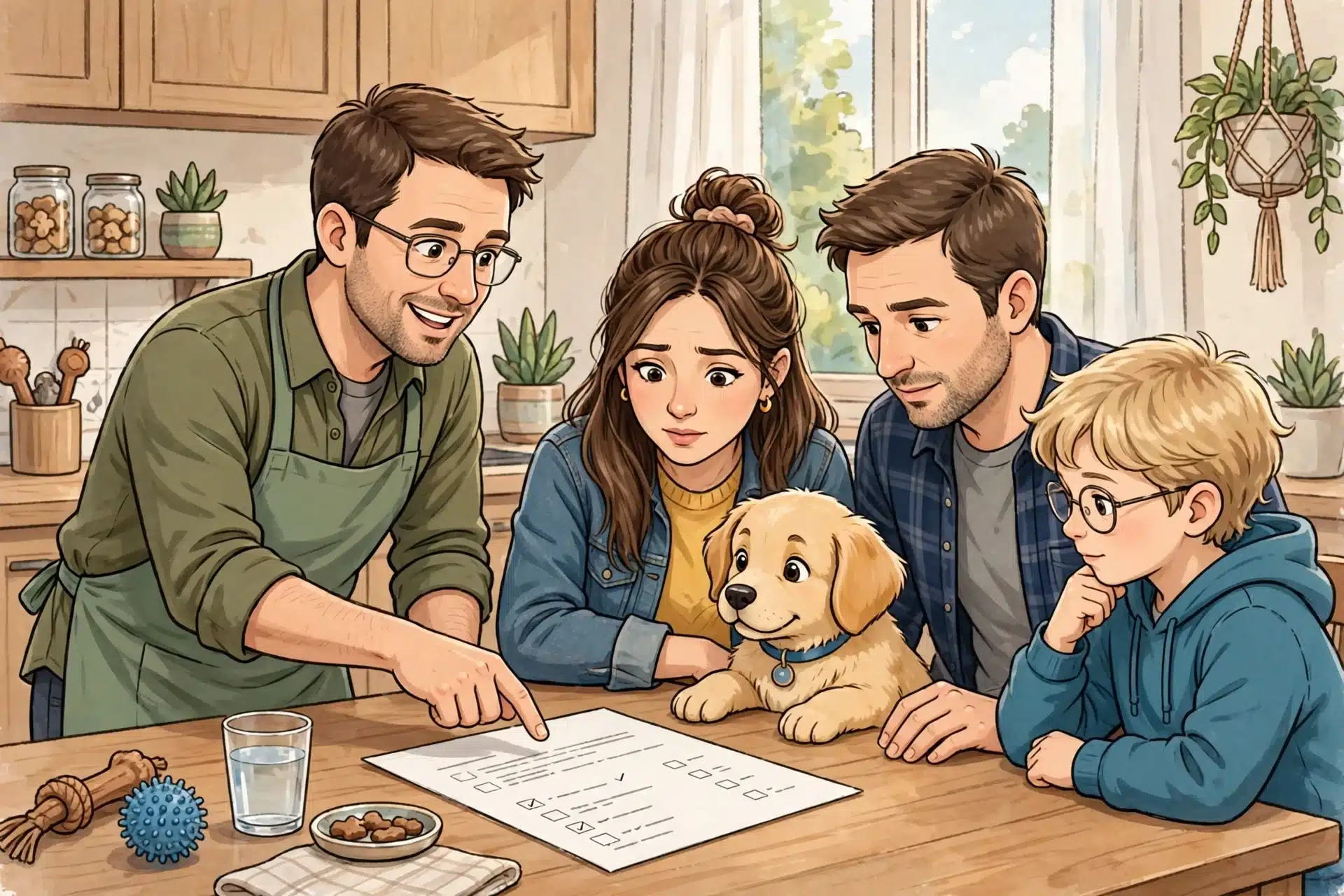Breeder reviews puppy health records with family