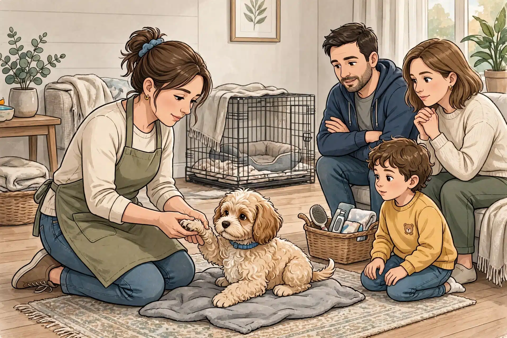 Breeder handles Cavapoo puppy paw as family watches