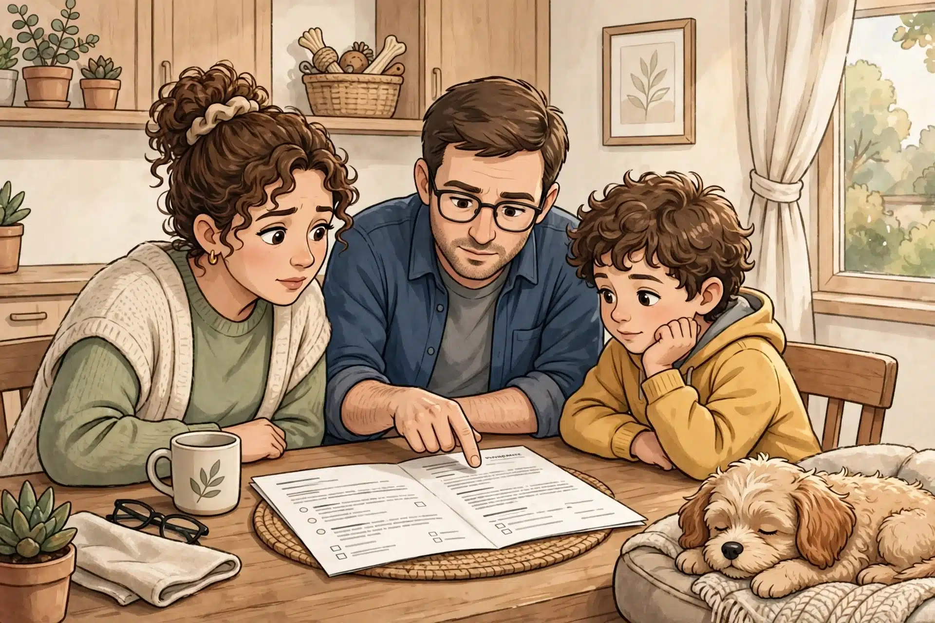 Family reviews puppy contract with Cavapoo nearby