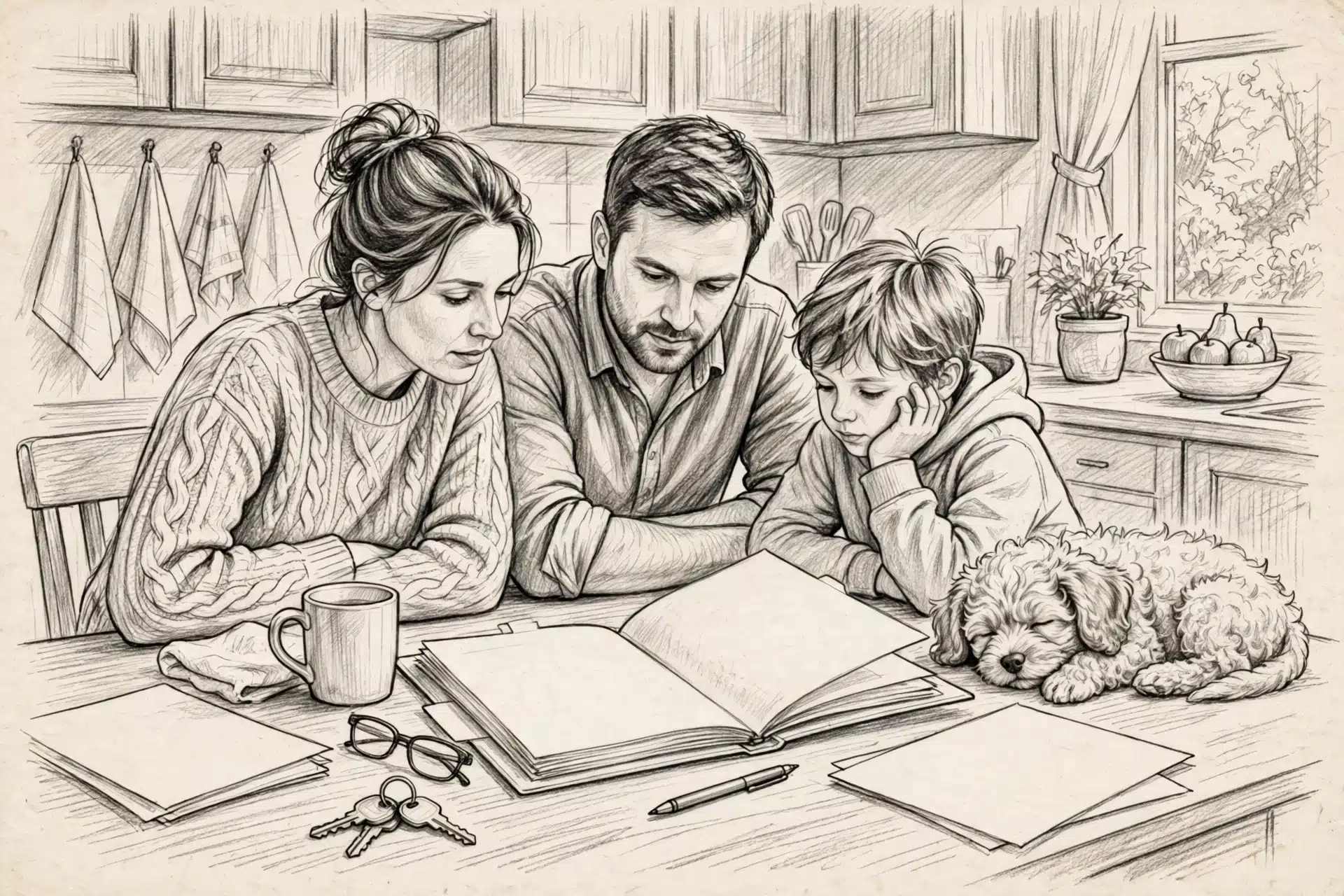 Family reviews puppy health records and receipts